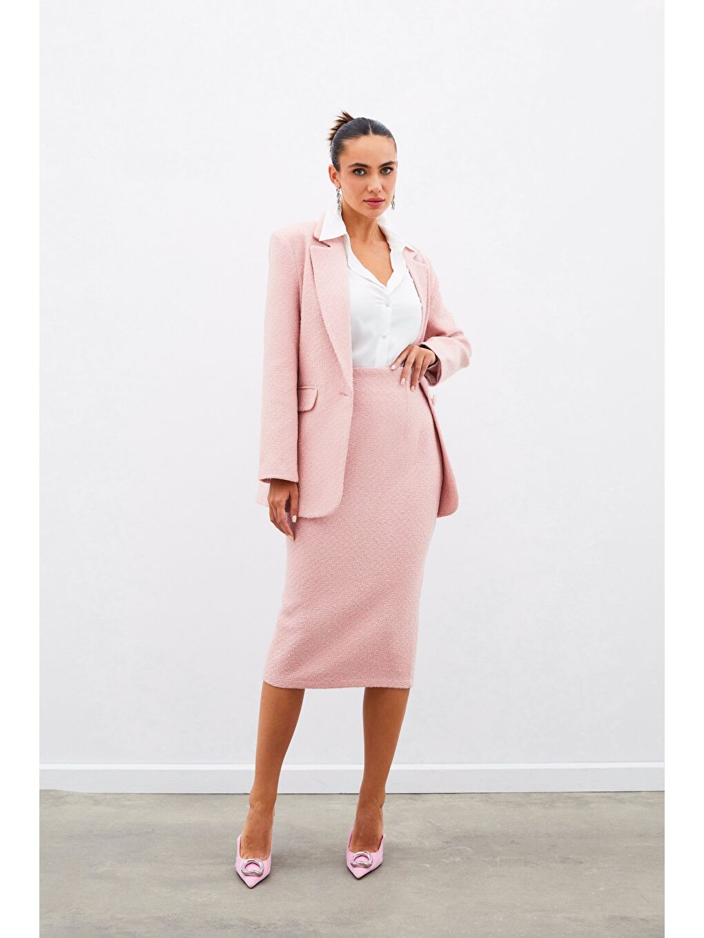 Pembe Midi Boy Tüvit Etek - Pudra-2