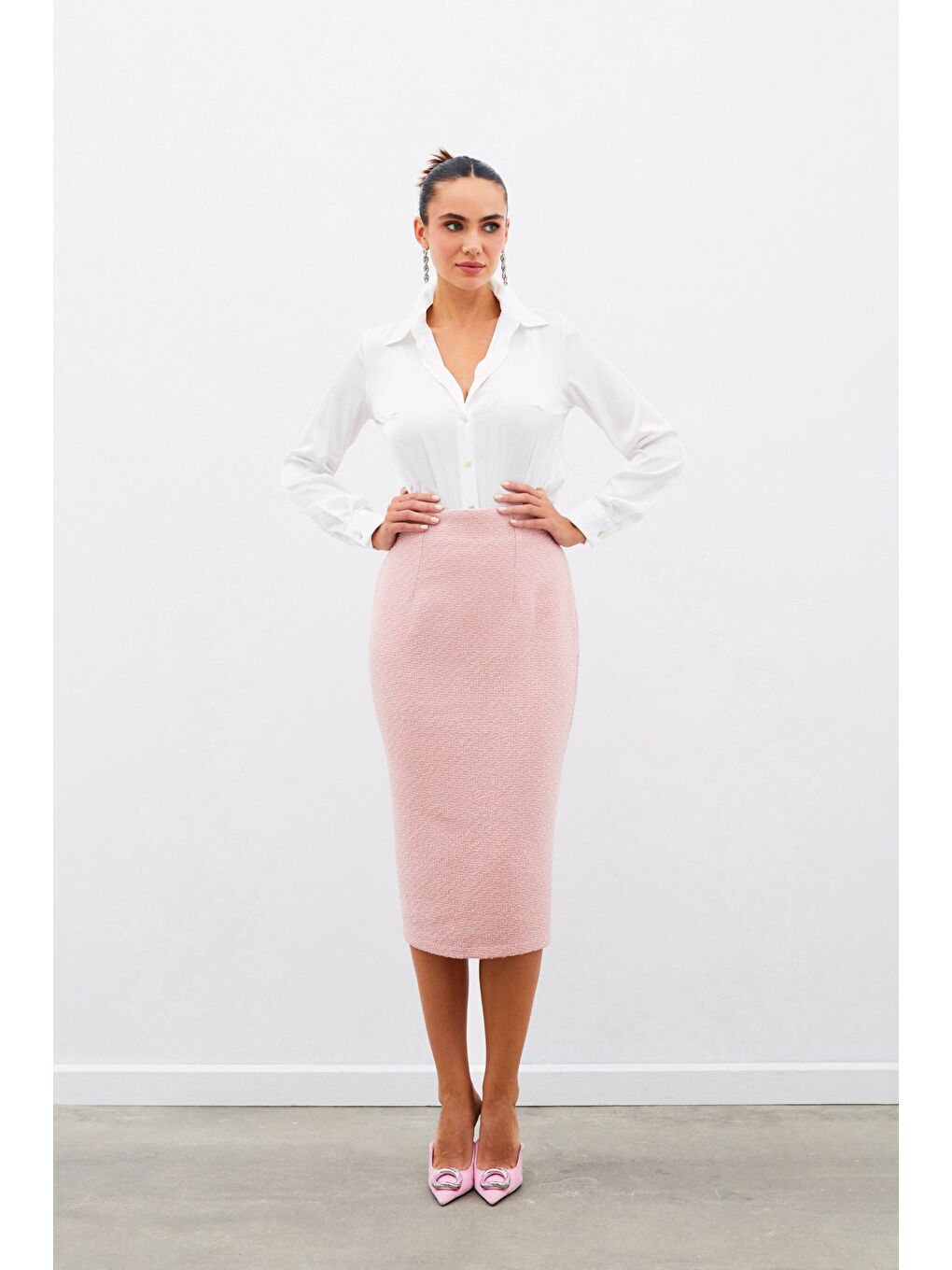 Pembe Midi Boy Tüvit Etek - Pudra-3