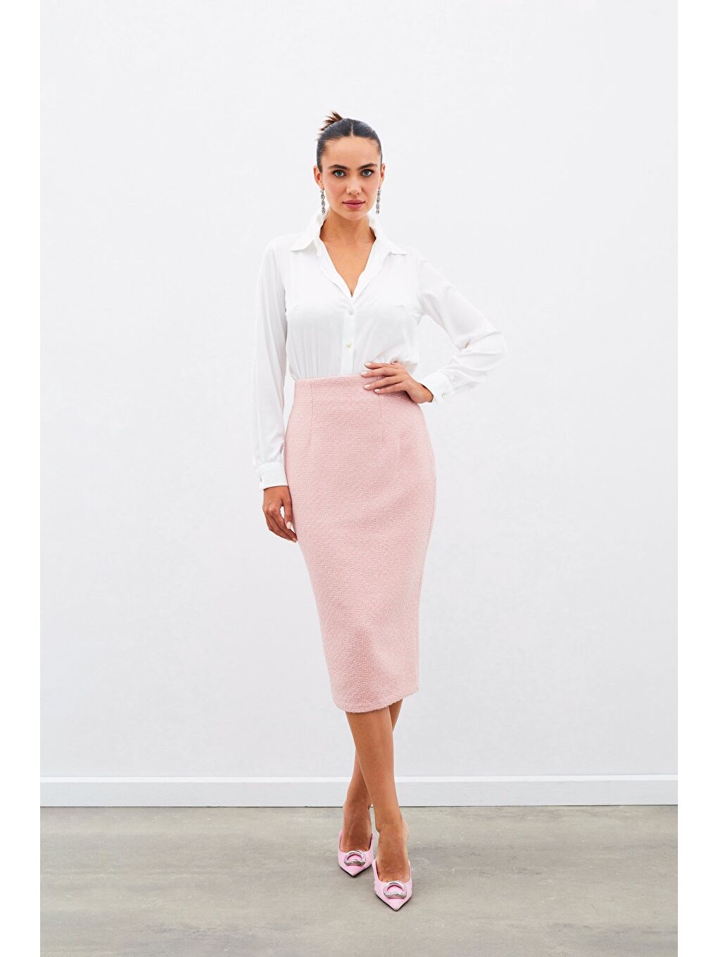 Pembe Midi Boy Tüvit Etek - Pudra-4