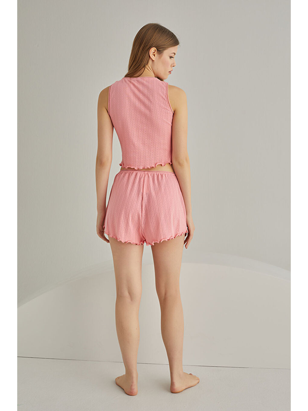 Pembe Self Patterned Crop Şort Takım-4