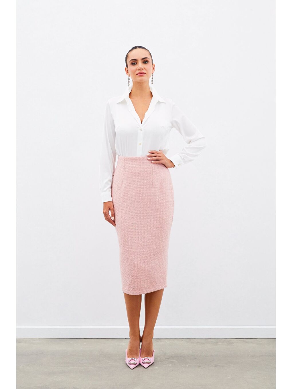 Pembe Midi Boy Tüvit Etek - Pudra-5