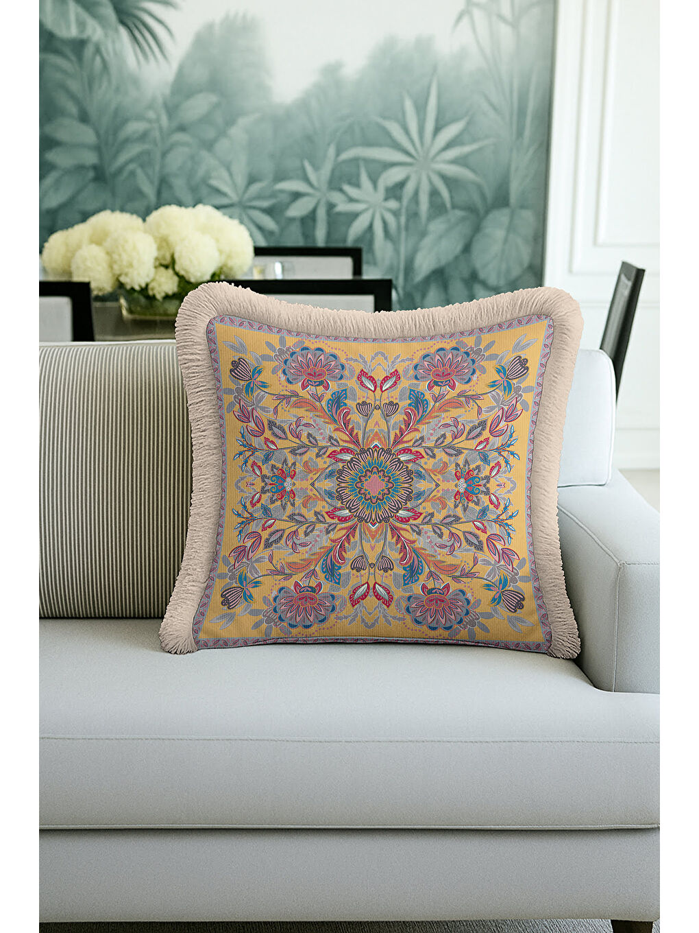 Karışık Lüks Mandala Saçaklı Yastık Kılıfı - Etnik Bohem Altın Renkli Püsküllü Kırlent Kılıfı-2