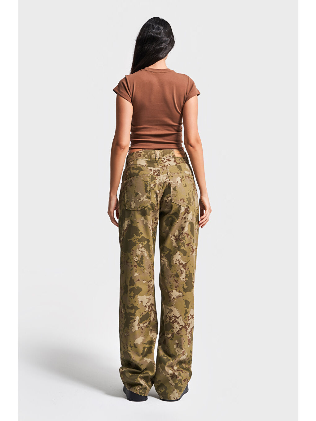 Kahverengi Kadın Kamufulaj Renk Loose Fit Orta Bel %100 Pamuk Denim Pantolon-5