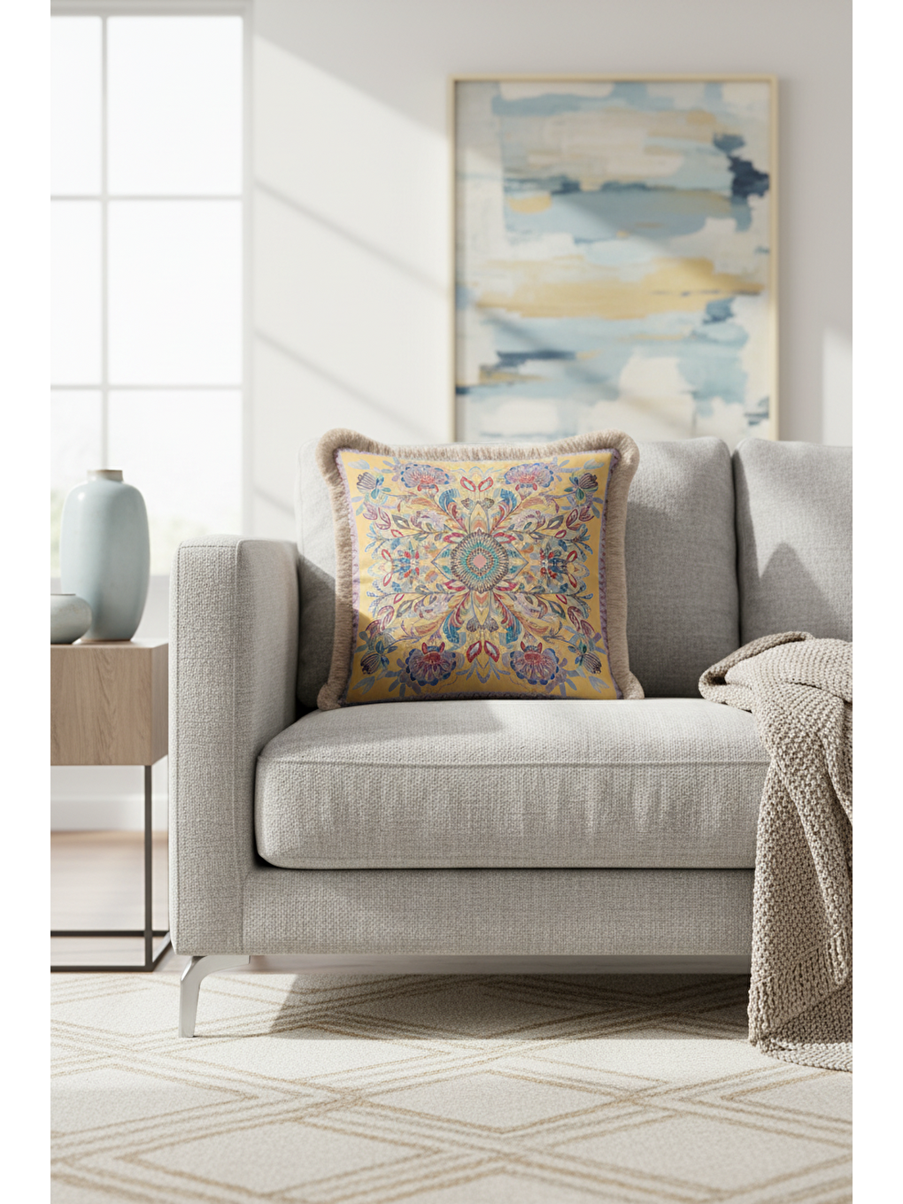 Karışık Lüks Mandala Saçaklı Yastık Kılıfı - Etnik Bohem Altın Renkli Püsküllü Kırlent Kılıfı-3