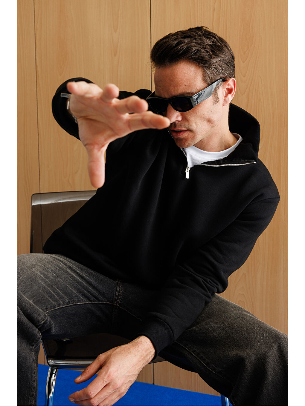 Siyah Kalın Yarım Fermuarlı Dik Yaka Unisex Sweatshirt-5