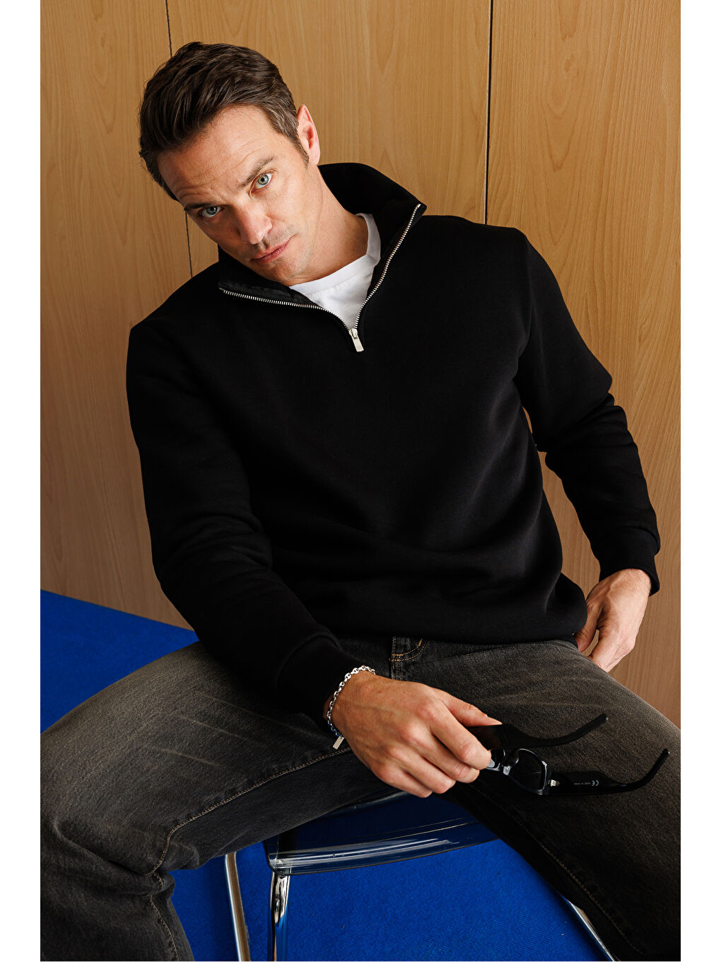 Siyah Kalın Yarım Fermuarlı Dik Yaka Unisex Sweatshirt-6