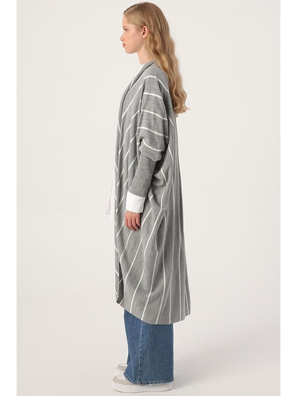 Gri Çizgili Yarasa Kol Triko Hırka-2