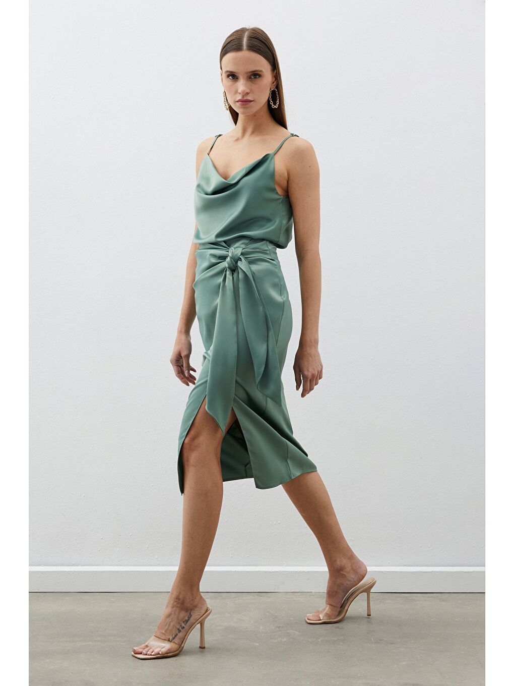 Bağlamalı Saten Etek - Haki-2