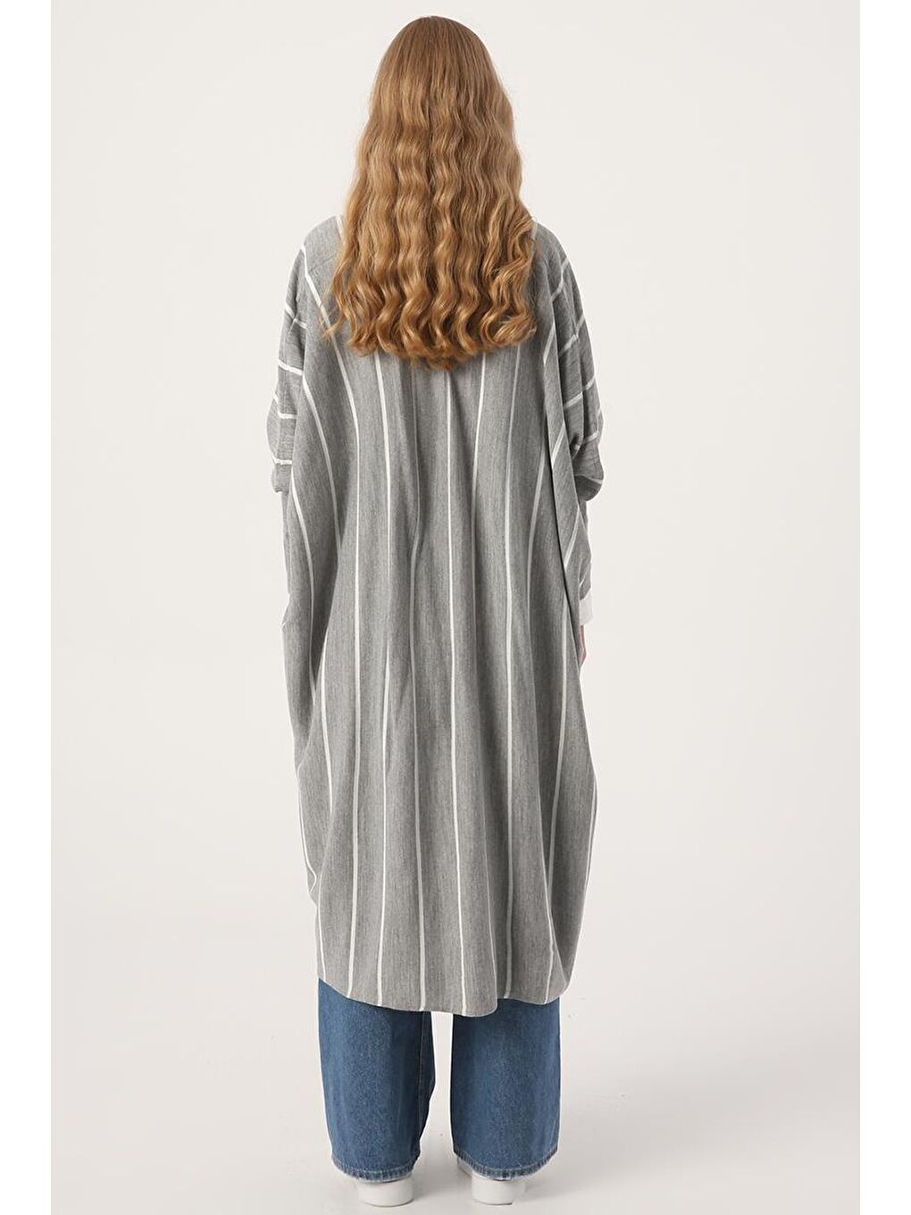 Gri Çizgili Yarasa Kol Triko Hırka-3