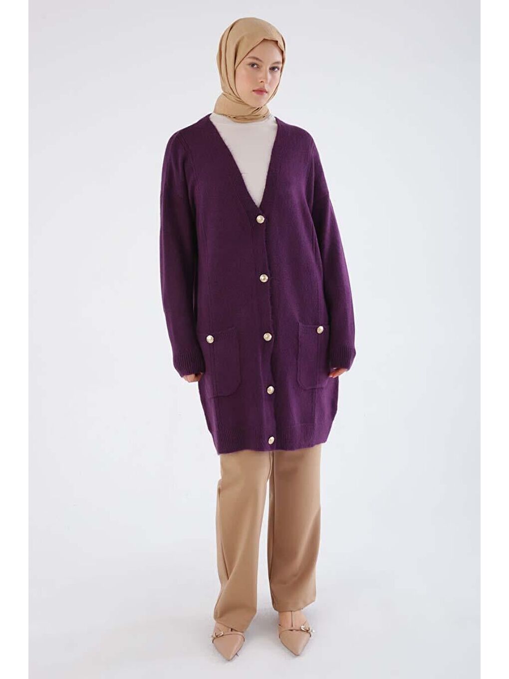 Mor V Yaka Cepli Triko Hırka-1