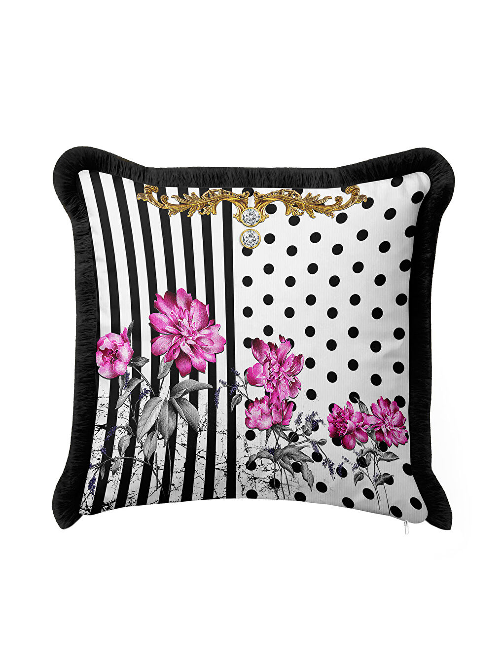 Karışık Barok Çizgi Çiçekli Saçaklı Yastık Kılıfı - Lüks Glam Retro Siyah Fuşya Püsküllü Kırlent Kılıfı