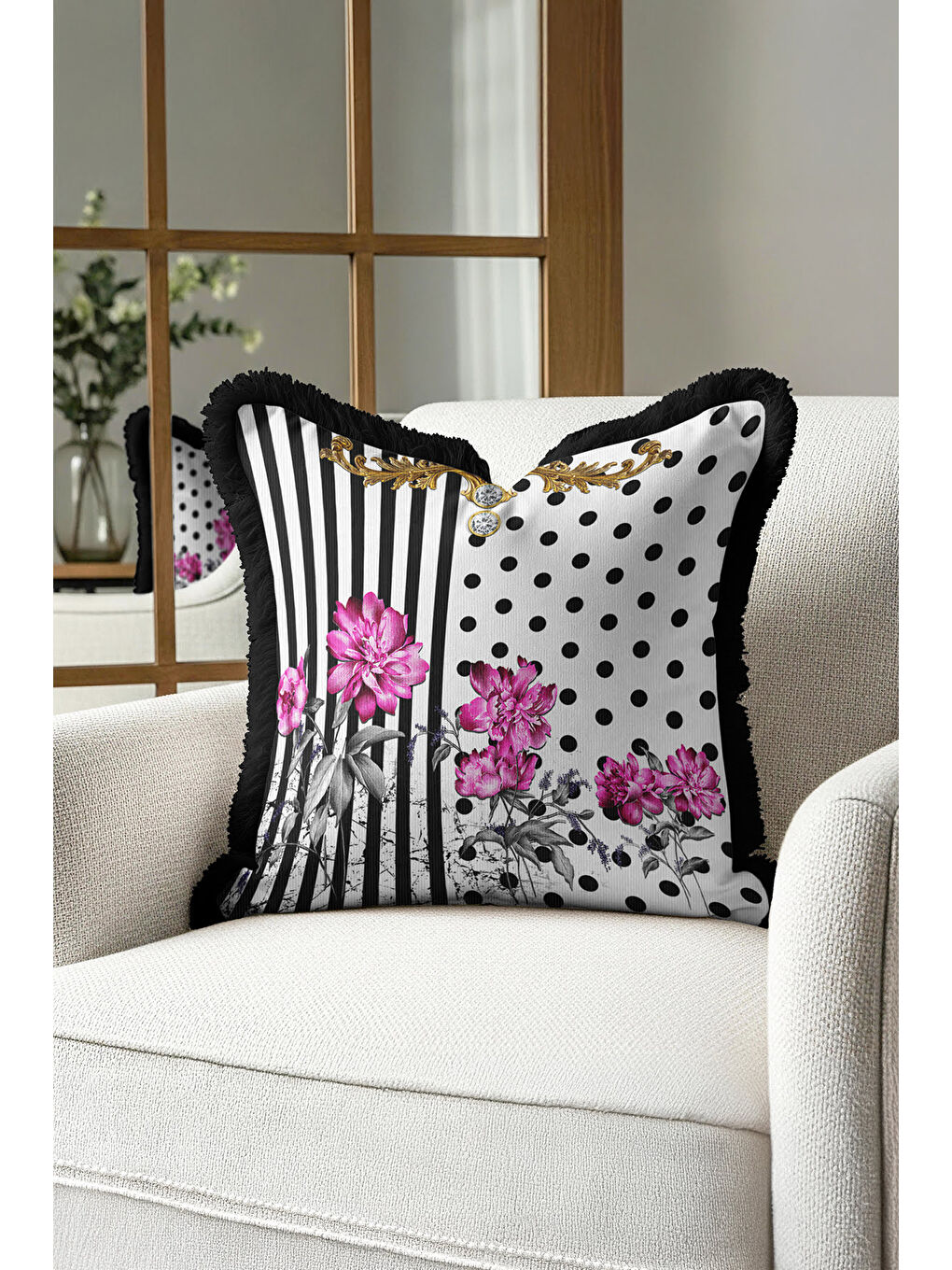 Karışık Barok Çizgi Çiçekli Saçaklı Yastık Kılıfı - Lüks Glam Retro Siyah Fuşya Püsküllü Kırlent Kılıfı-1