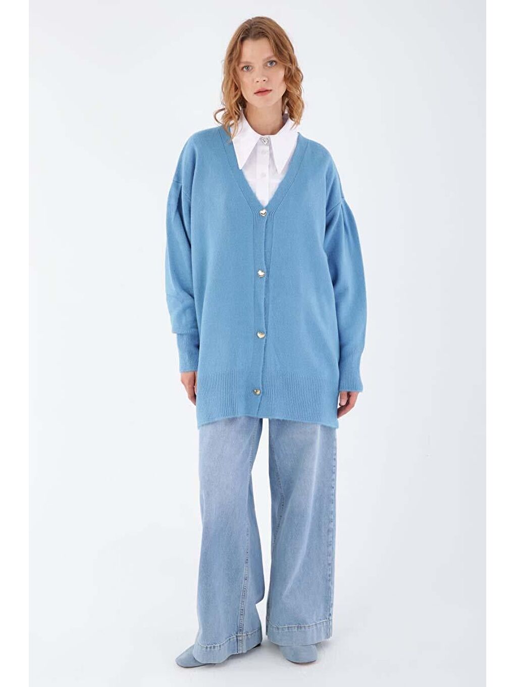 Mavi V Yaka Kalpli Düğmeli Triko Hırka-1