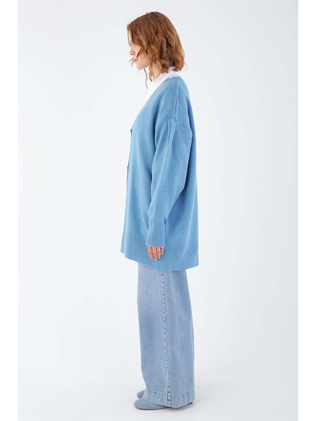 Mavi V Yaka Kalpli Düğmeli Triko Hırka-2