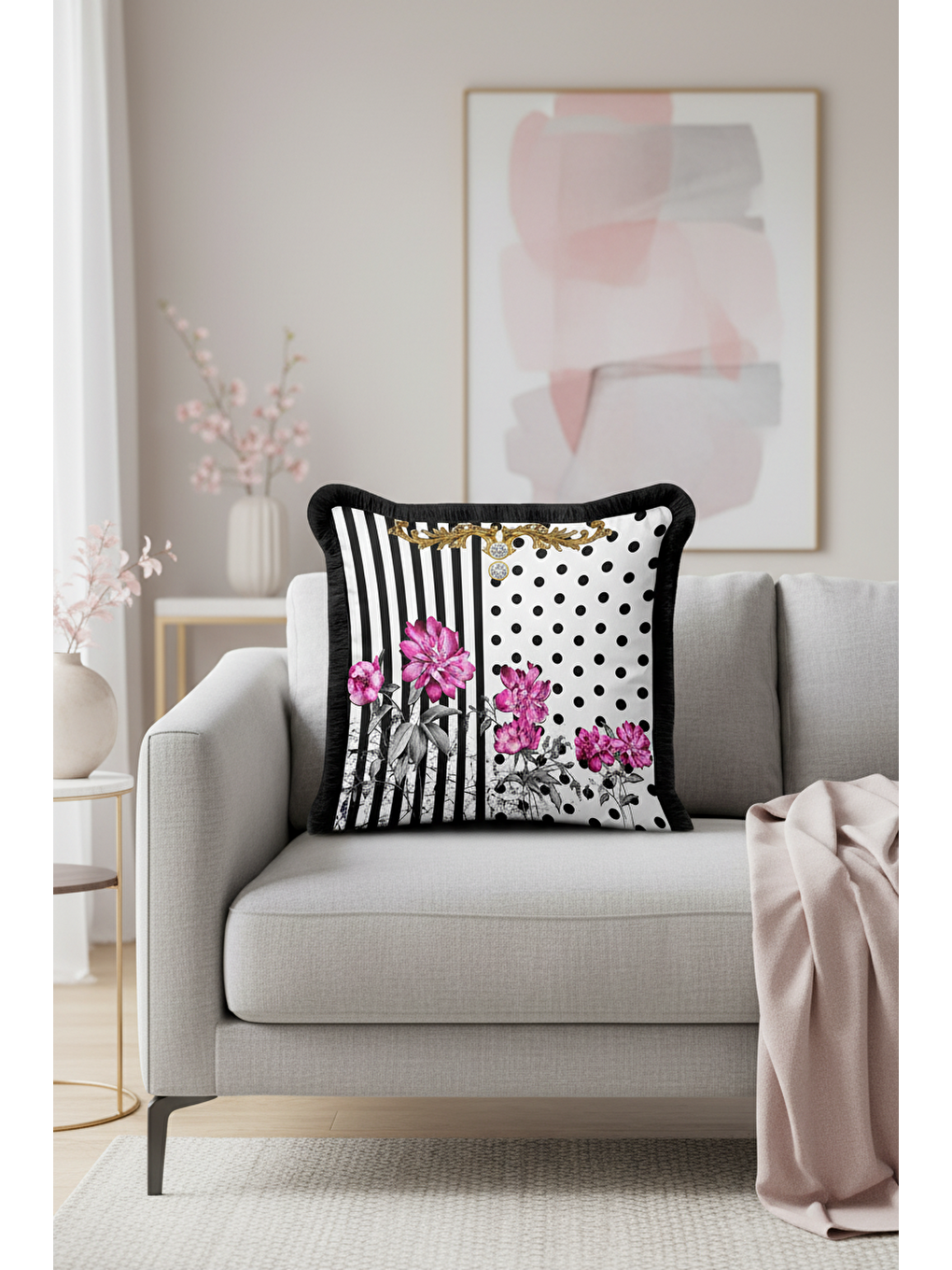 Karışık Barok Çizgi Çiçekli Saçaklı Yastık Kılıfı - Lüks Glam Retro Siyah Fuşya Püsküllü Kırlent Kılıfı-2