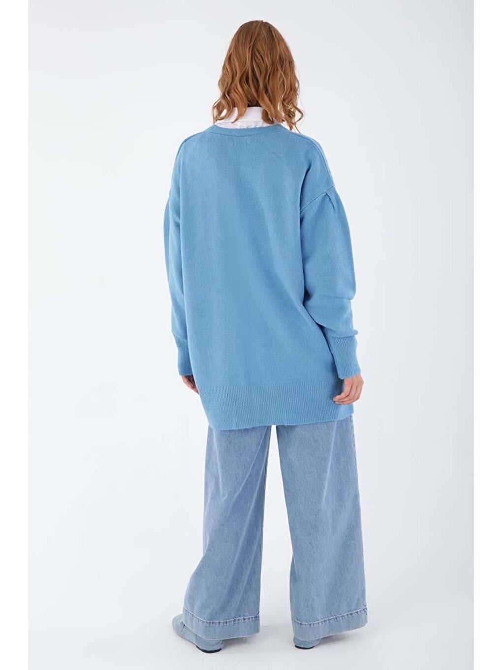 Mavi V Yaka Kalpli Düğmeli Triko Hırka-3