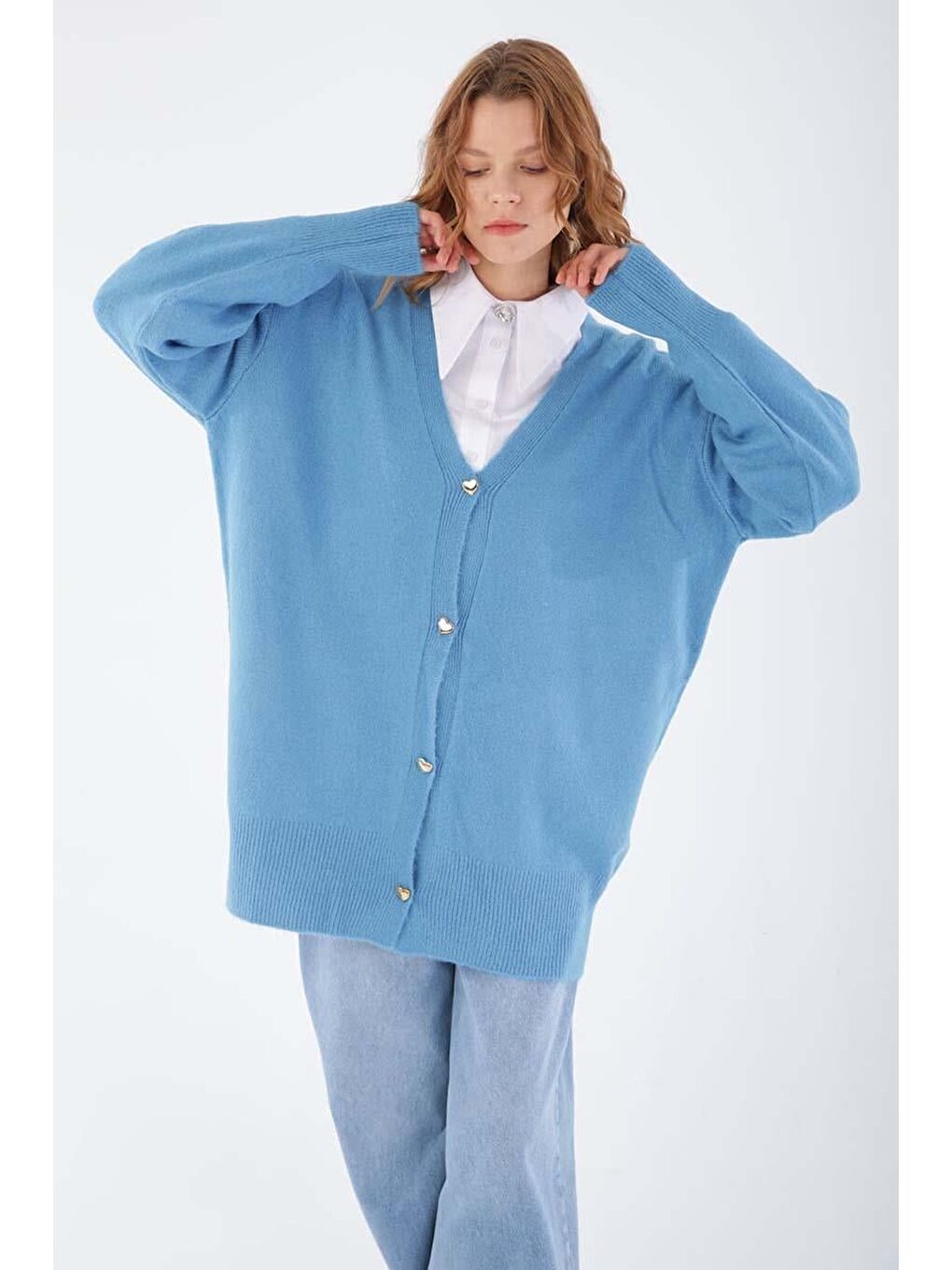 Mavi V Yaka Kalpli Düğmeli Triko Hırka-4