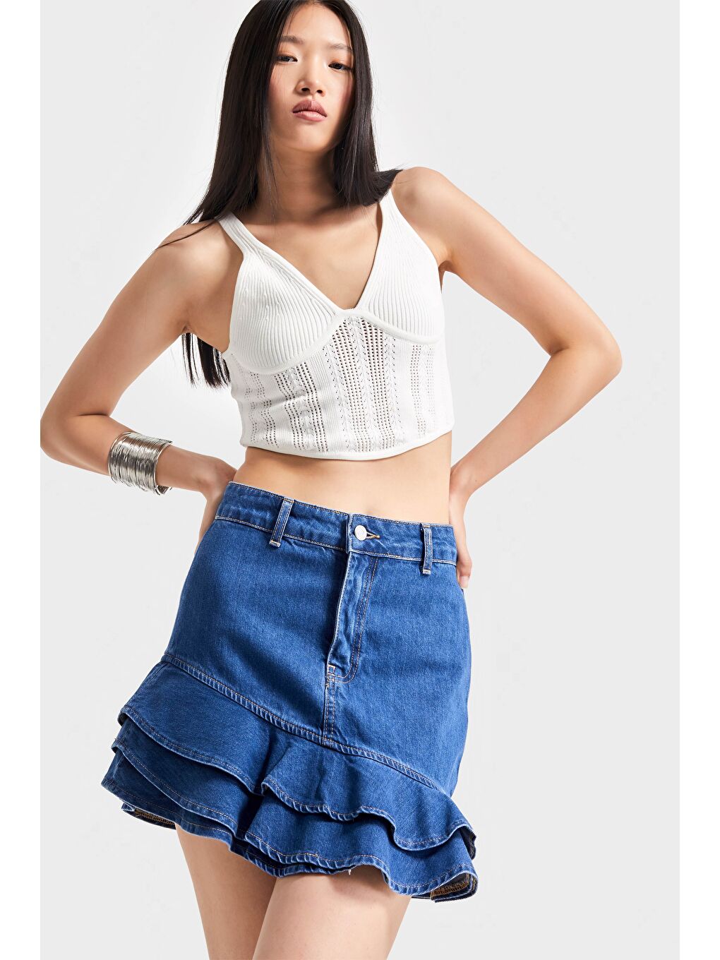 Kadın Mavi Renk 1S5-4 Volanlı %100 Pamuk Tasarım Denim Mini Etek