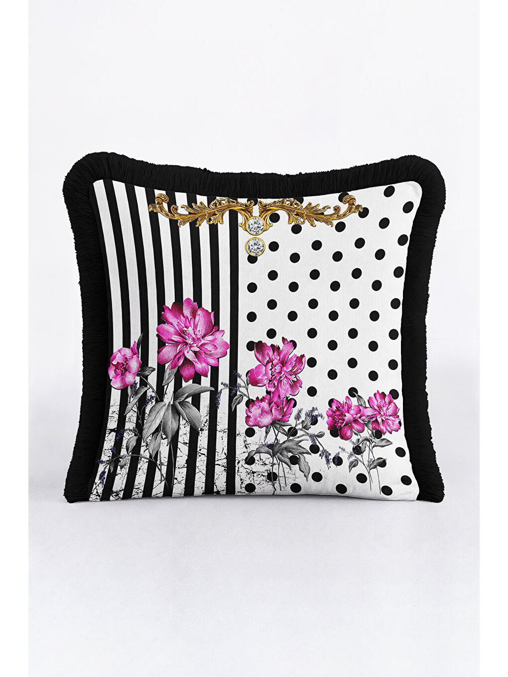 Karışık Barok Çizgi Çiçekli Saçaklı Yastık Kılıfı - Lüks Glam Retro Siyah Fuşya Püsküllü Kırlent Kılıfı-3