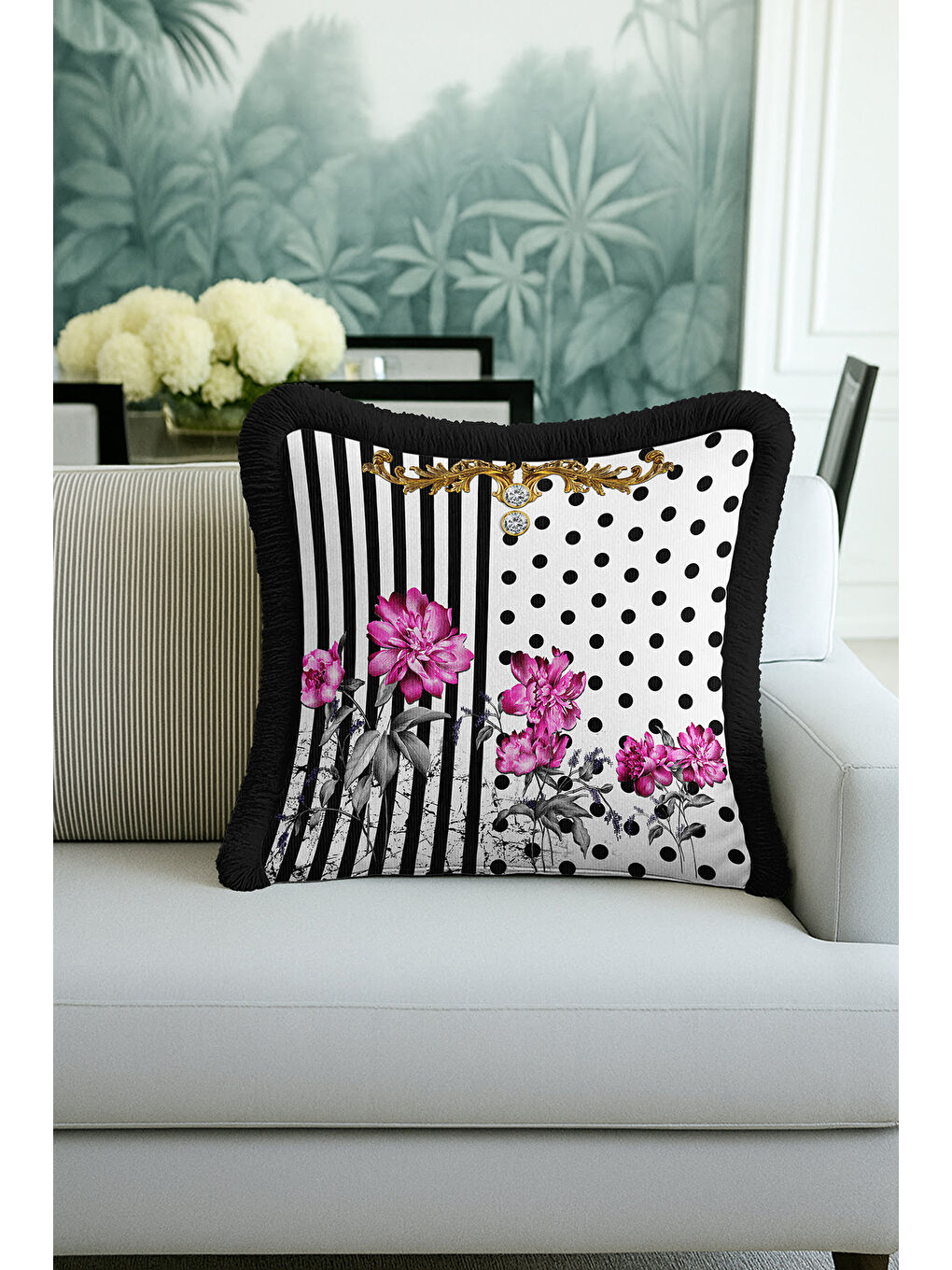 Karışık Barok Çizgi Çiçekli Saçaklı Yastık Kılıfı - Lüks Glam Retro Siyah Fuşya Püsküllü Kırlent Kılıfı-4