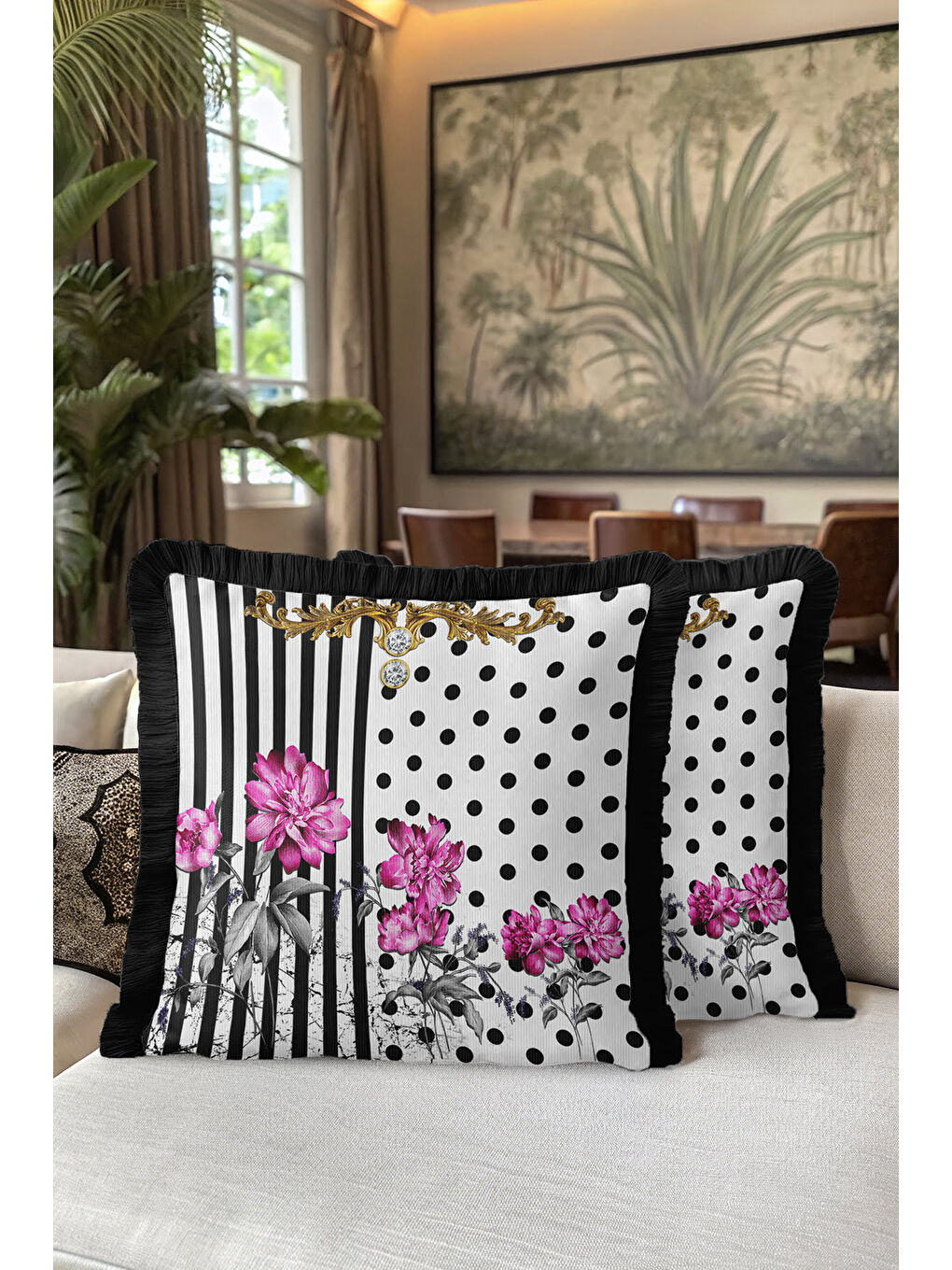 Karışık Barok Çizgi Çiçekli Saçaklı Yastık Kılıfı - Lüks Glam Retro Siyah Fuşya Püsküllü Kırlent Kılıfı-5