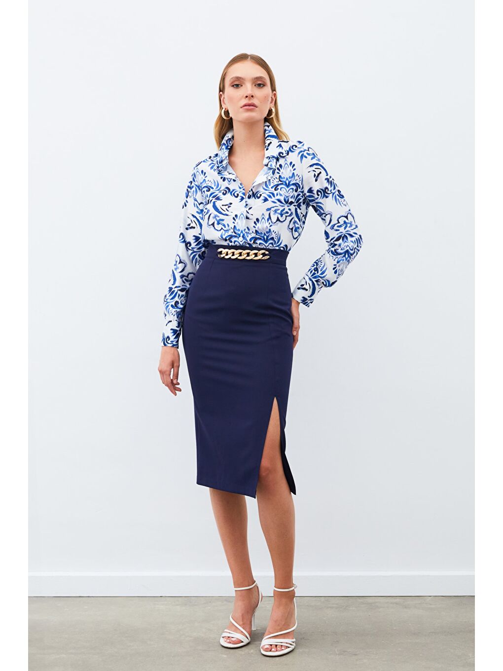 Zincir Detaylı Kalem Etek - Lacivert-2