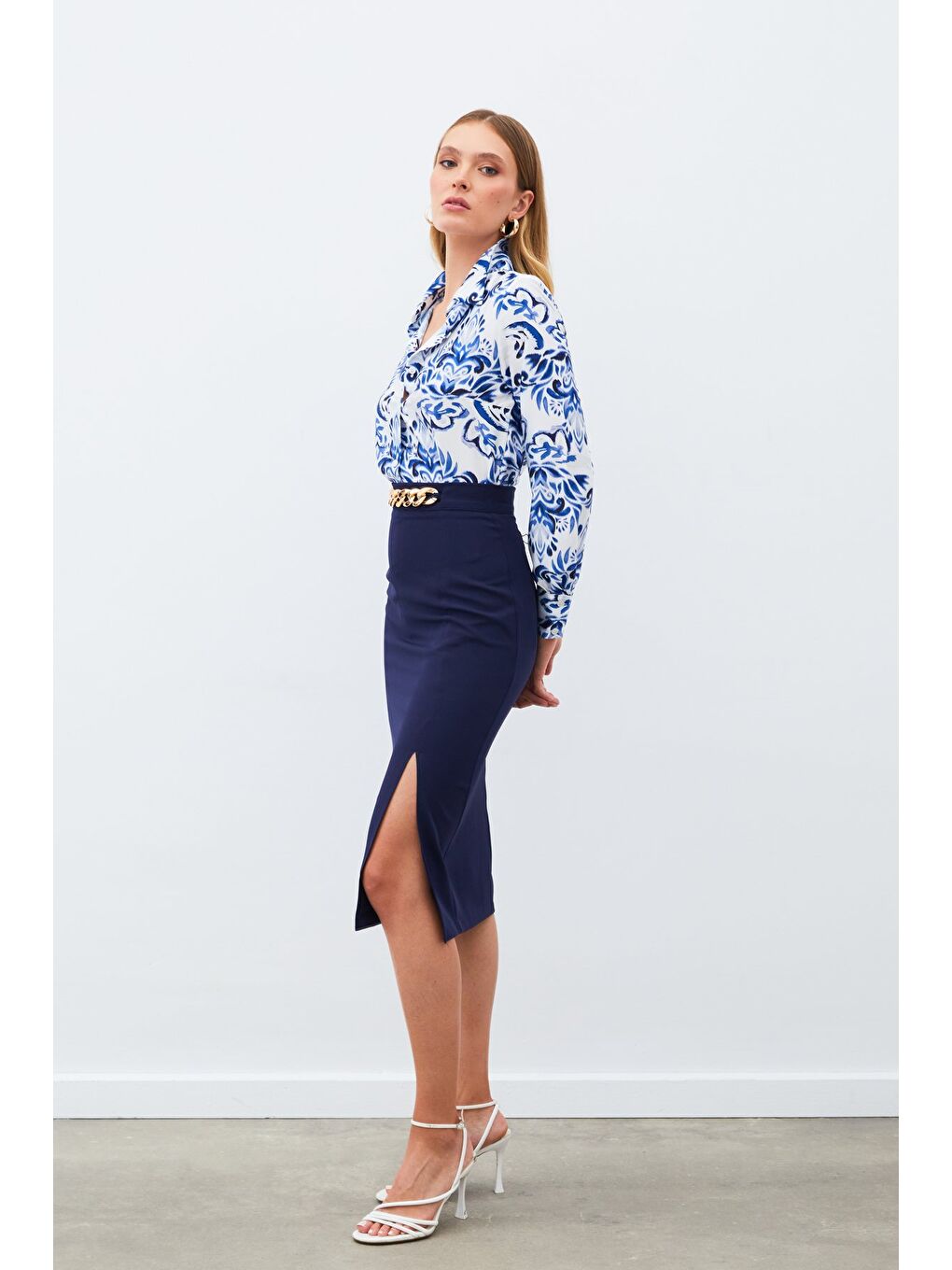 Zincir Detaylı Kalem Etek - Lacivert-3