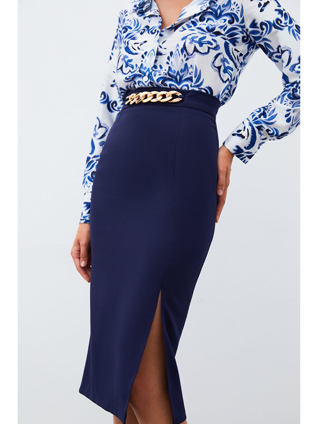 Zincir Detaylı Kalem Etek - Lacivert-4