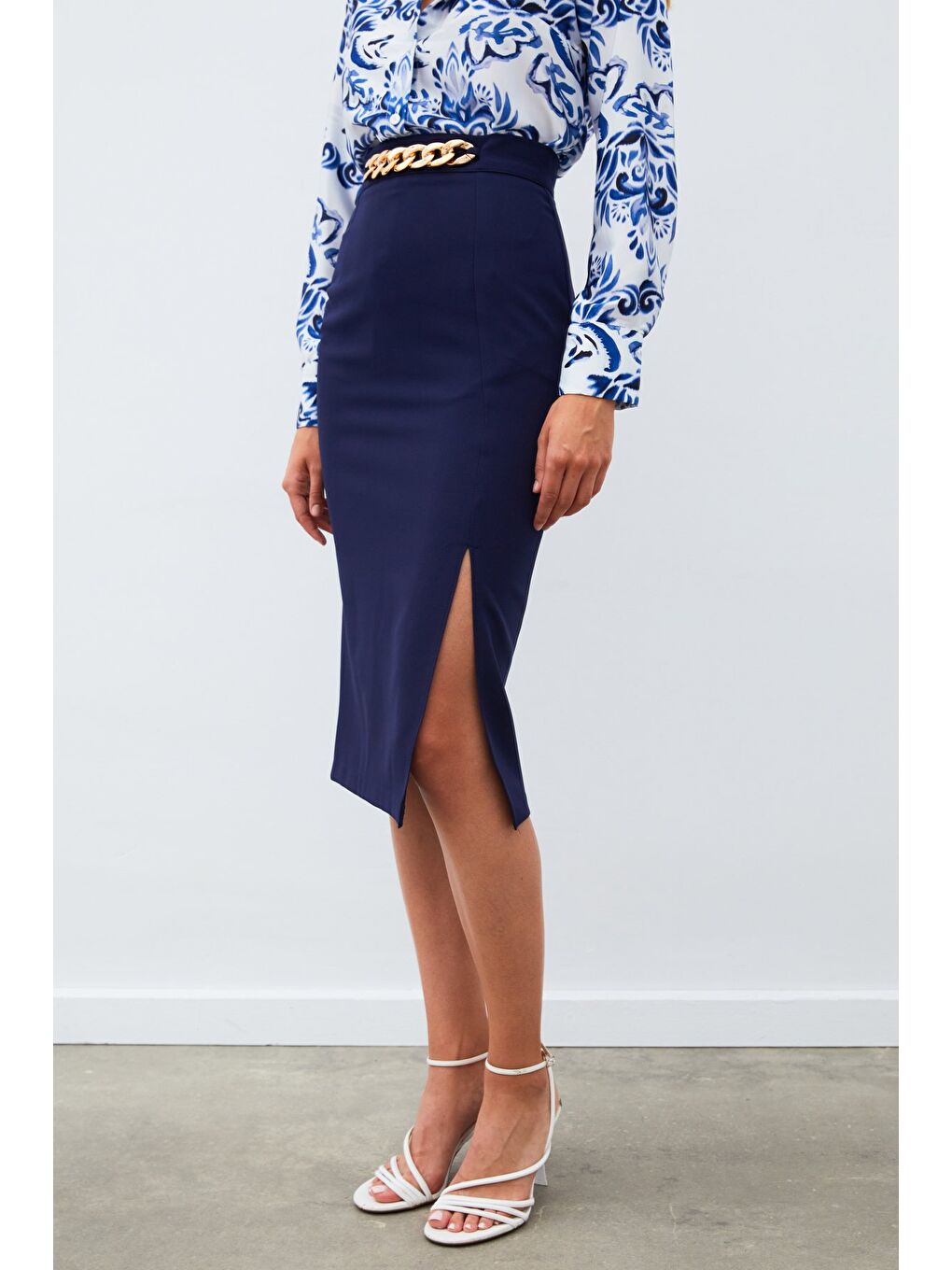 Zincir Detaylı Kalem Etek - Lacivert-5