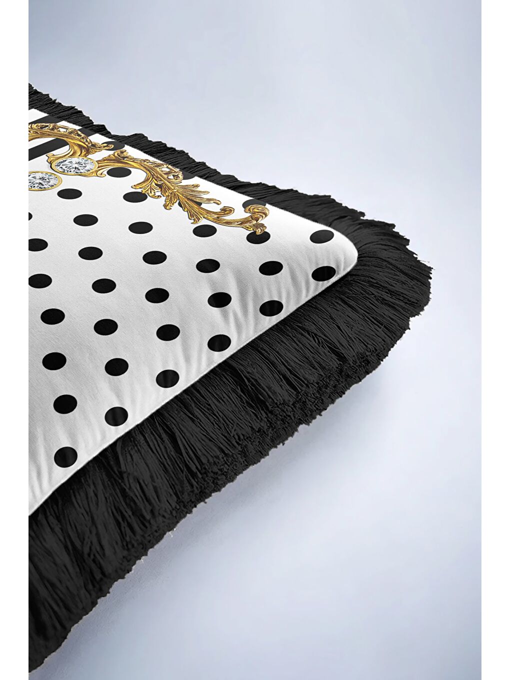 Karışık Barok Çizgi Çiçekli Saçaklı Yastık Kılıfı - Lüks Glam Retro Siyah Fuşya Püsküllü Kırlent Kılıfı-6