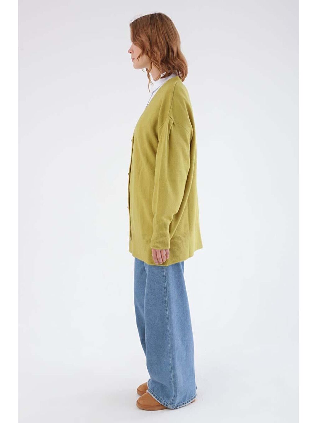 Yeşil V Yaka Kalpli Düğmeli Triko Hırka-1