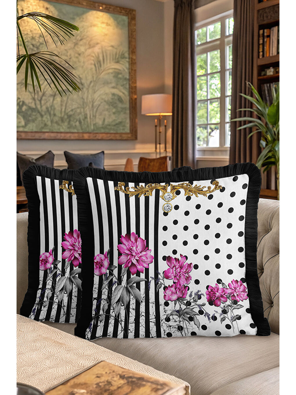 Karışık Barok Çizgi Çiçekli Saçaklı Yastık Kılıfı - Lüks Glam Retro Siyah Fuşya Püsküllü Kırlent Kılıfı-7