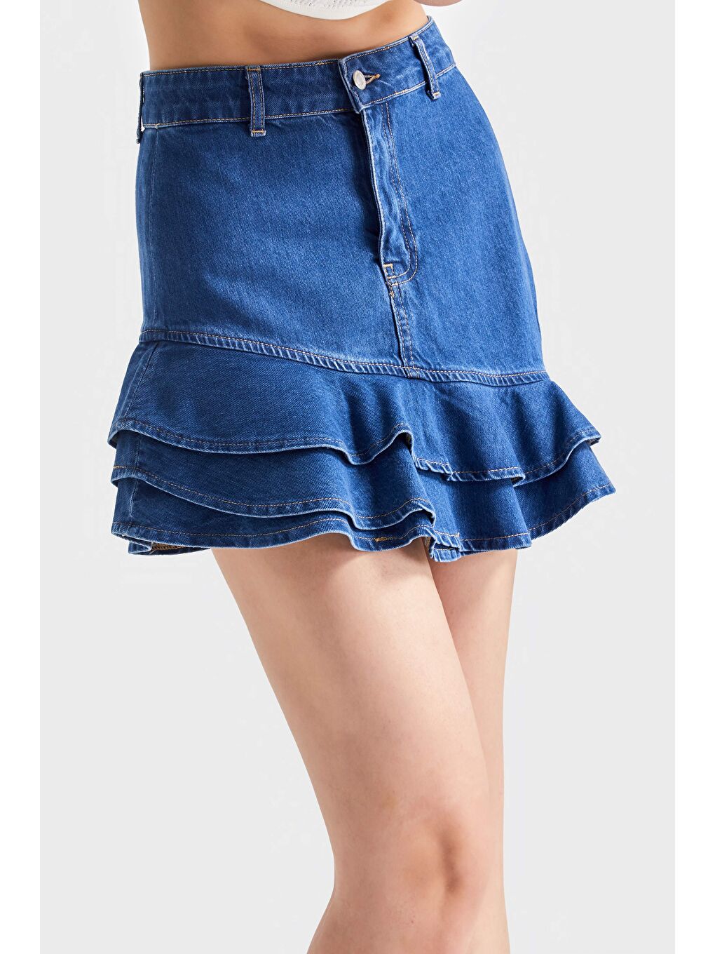 Kadın Mavi Renk 1S5-4 Volanlı %100 Pamuk Tasarım Denim Mini Etek-4