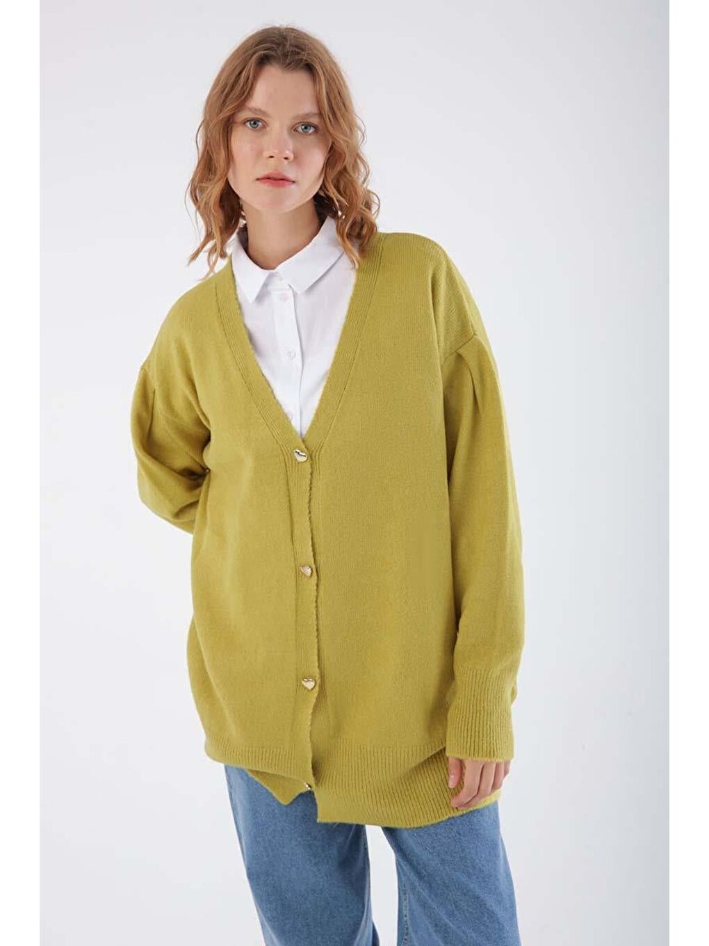 Yeşil V Yaka Kalpli Düğmeli Triko Hırka-3