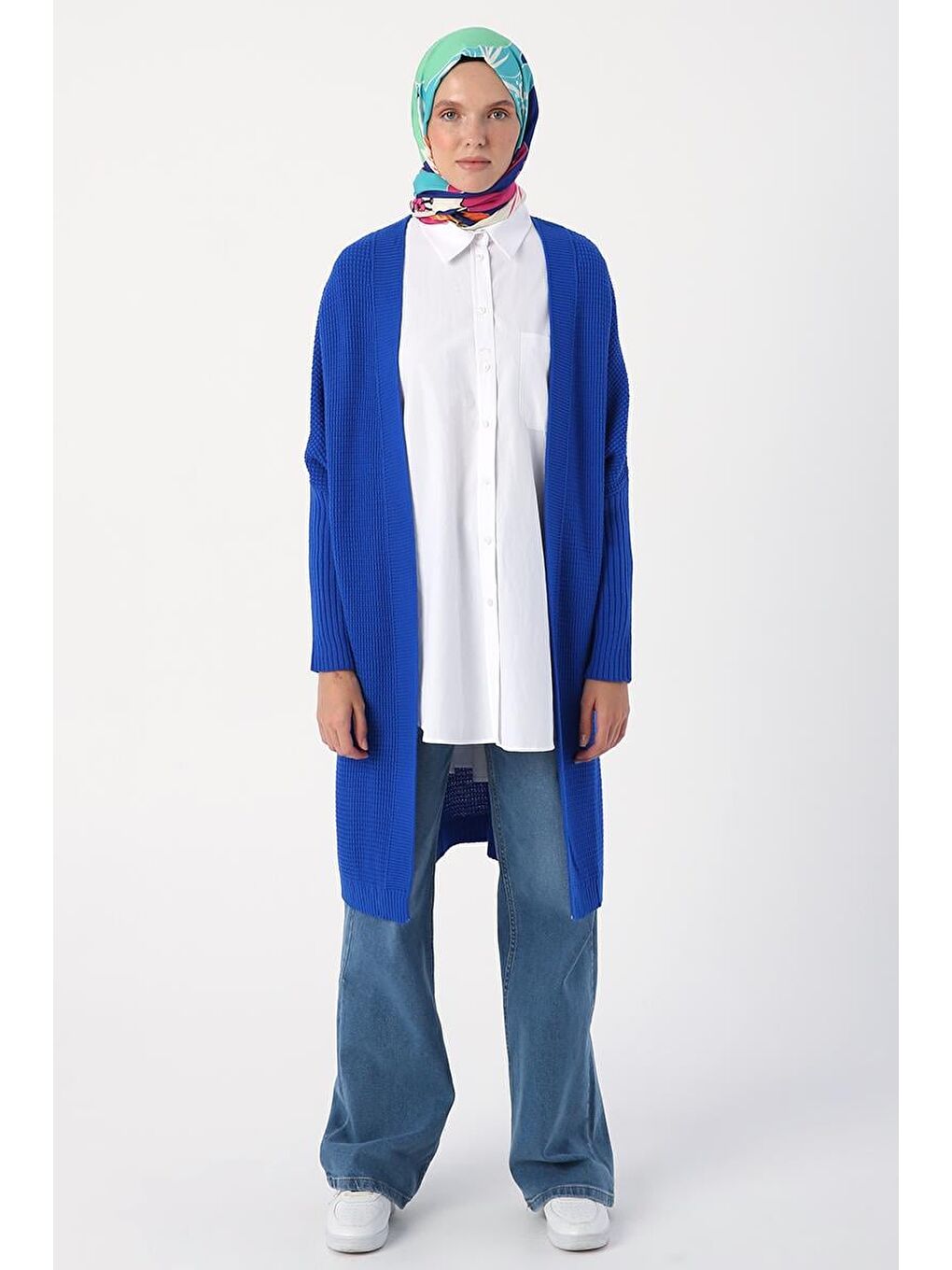 Mavi Saks Önü Açık T-Kol Triko Hırka-1