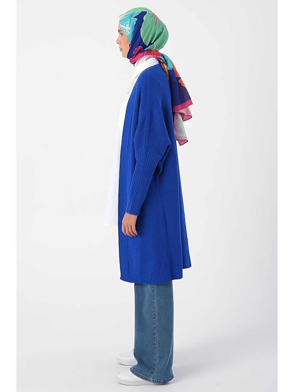 Mavi Saks Önü Açık T-Kol Triko Hırka-2