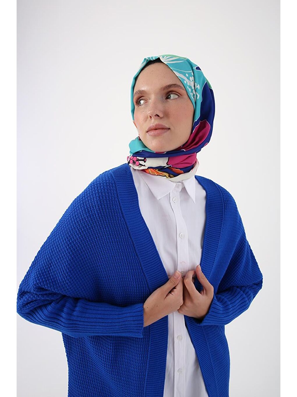 Mavi Saks Önü Açık T-Kol Triko Hırka-4