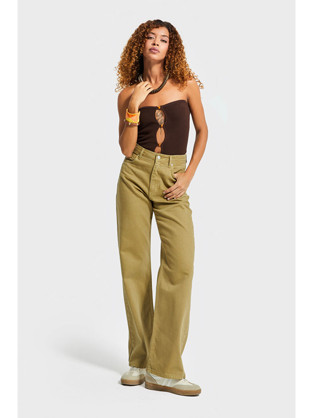 Kadın Yağ Yeşili Renk 6w5-129 Straight Fit Yüksek Bel %100 Pamuk İç Boy 80cm Denim Jean-1