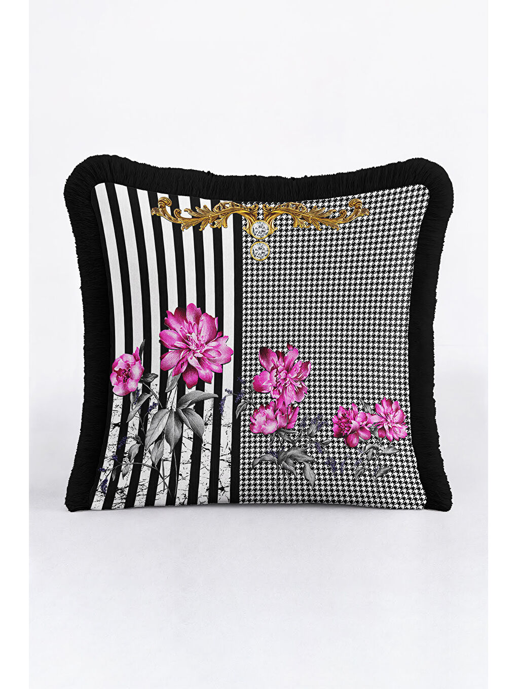 Karışık Barok Çiçekli Saçaklı Yastık Kılıfı - Lüks Modern Siyah Beyaz Altın Renkli Püsküllü Kırlent Kılıfı-3