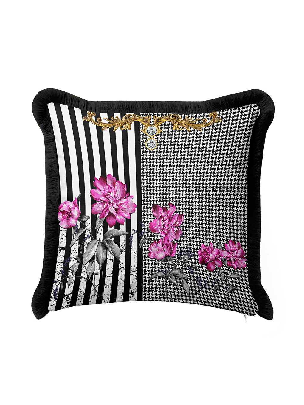Karışık Barok Çiçekli Saçaklı Yastık Kılıfı - Lüks Modern Siyah Beyaz Altın Renkli Püsküllü Kırlent Kılıfı-4