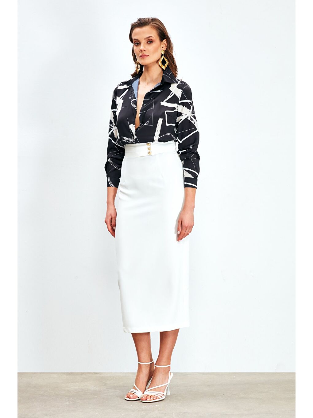 Düğme Detaylı Midi Etek - Ekru