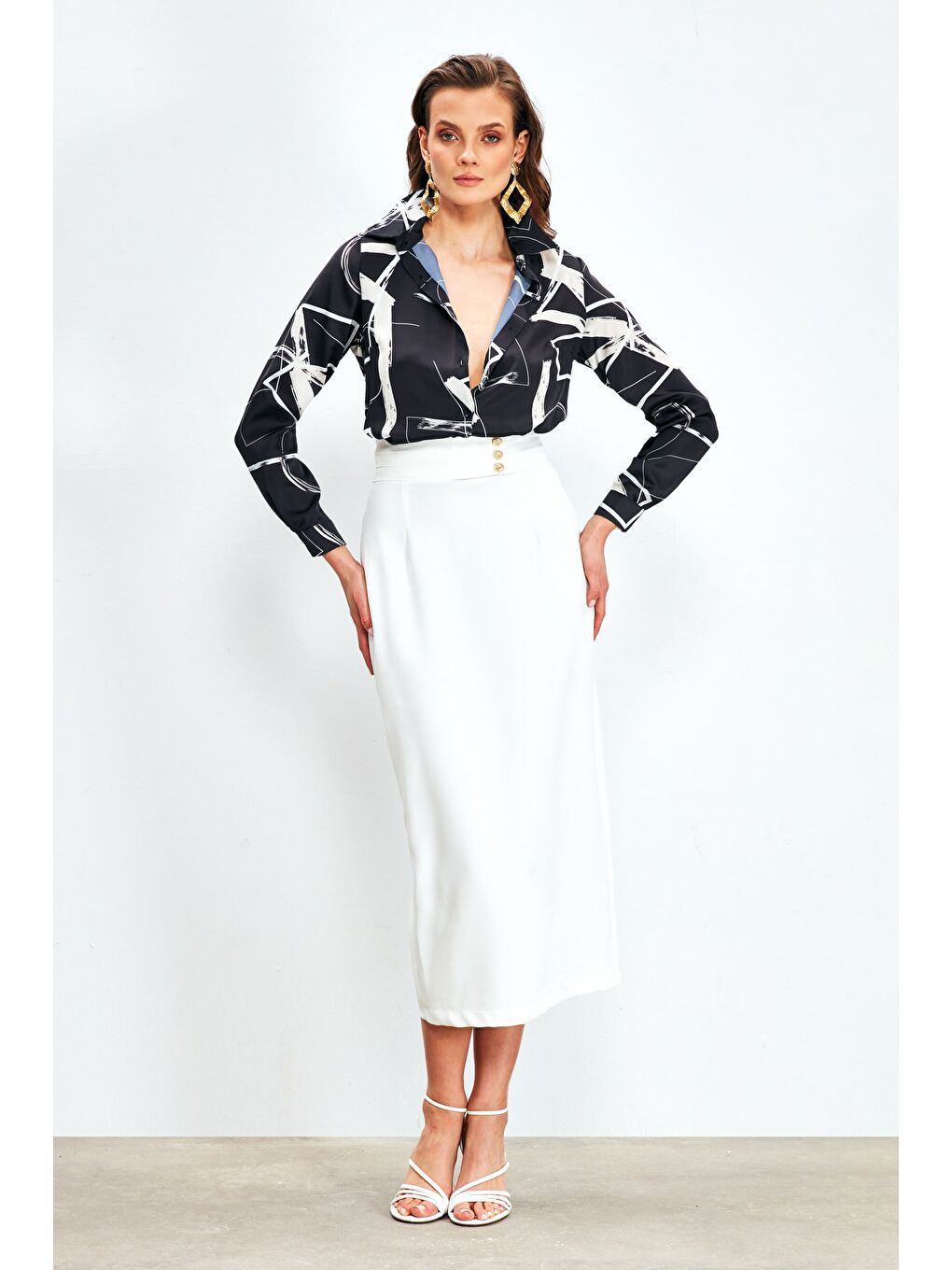 Düğme Detaylı Midi Etek - Ekru-1