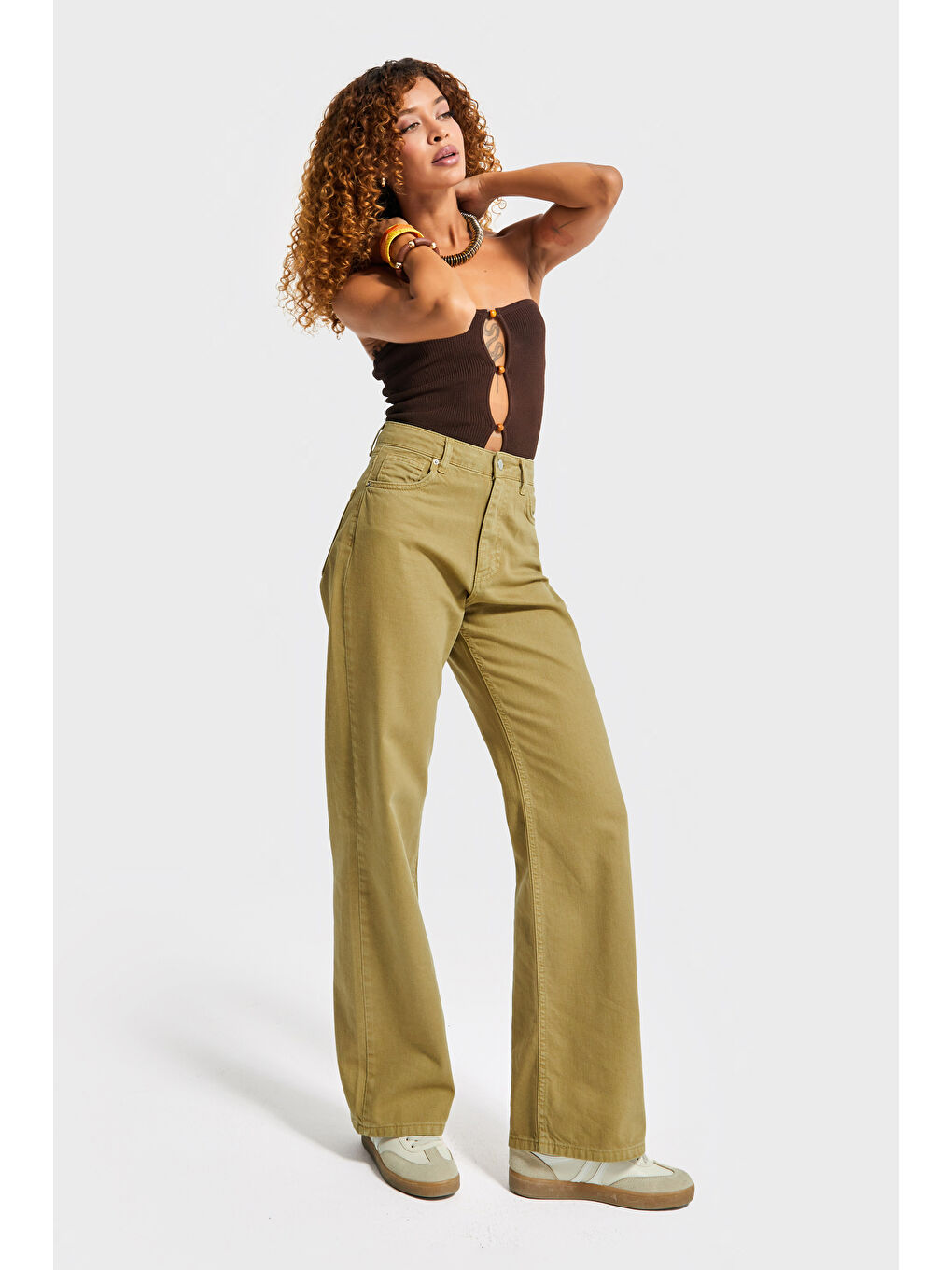 Kadın Yağ Yeşili Renk 6w5-129 Straight Fit Yüksek Bel %100 Pamuk İç Boy 80cm Denim Jean-3