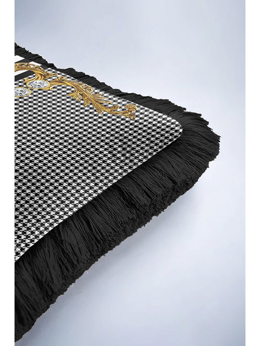 Karışık Barok Çiçekli Saçaklı Yastık Kılıfı - Lüks Modern Siyah Beyaz Altın Renkli Püsküllü Kırlent Kılıfı-6