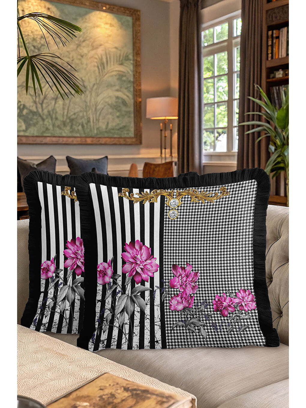 Karışık Barok Çiçekli Saçaklı Yastık Kılıfı - Lüks Modern Siyah Beyaz Altın Renkli Püsküllü Kırlent Kılıfı-7