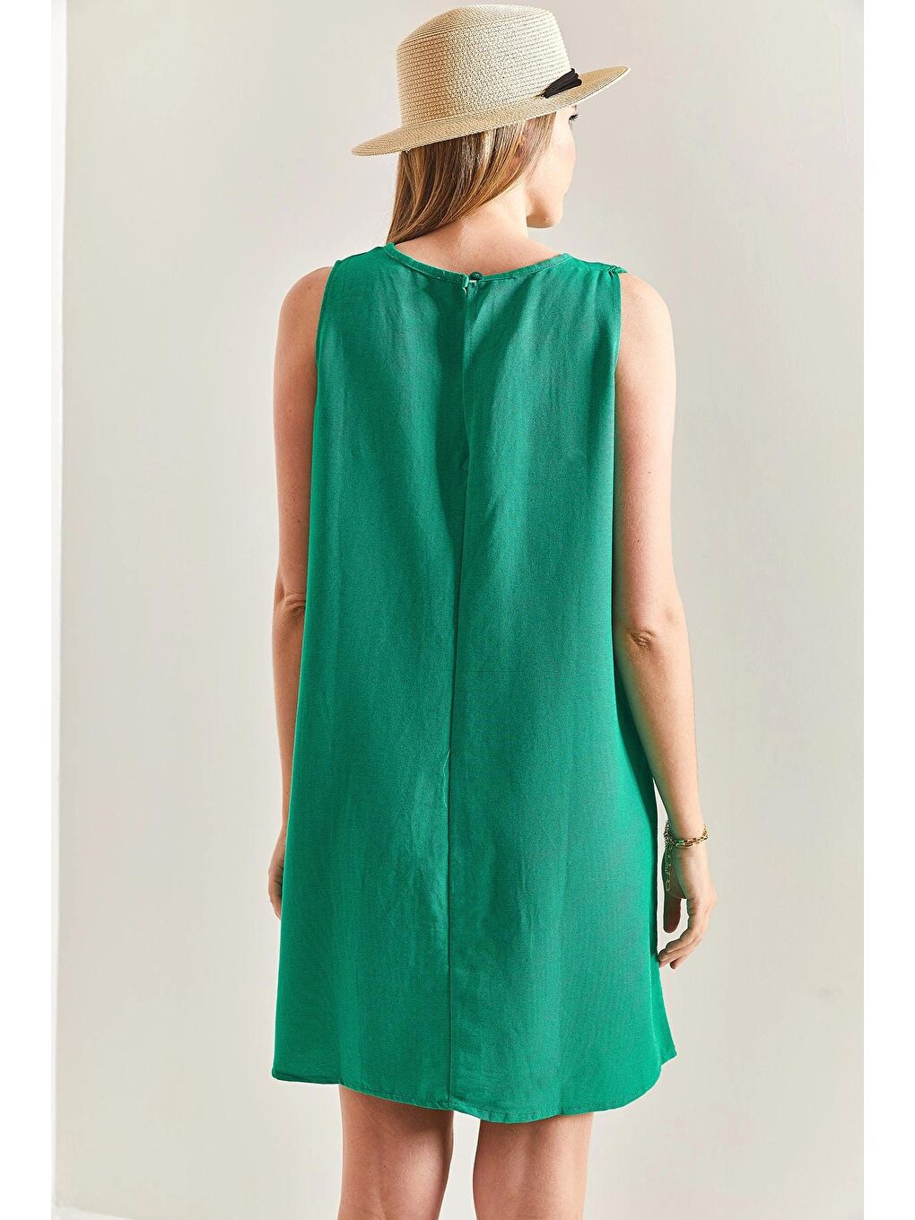 Yeşil Kadın Sırt Dekolteli Keten Elbise-2