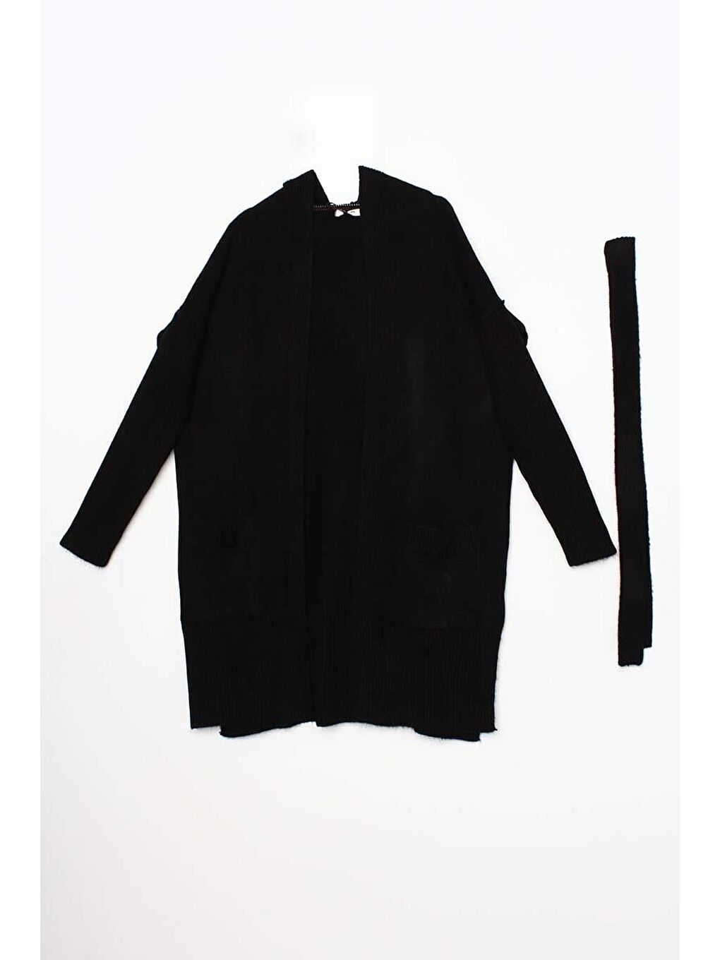 Siyah Kuşaklı Kapüşonlu Triko Hırka-5