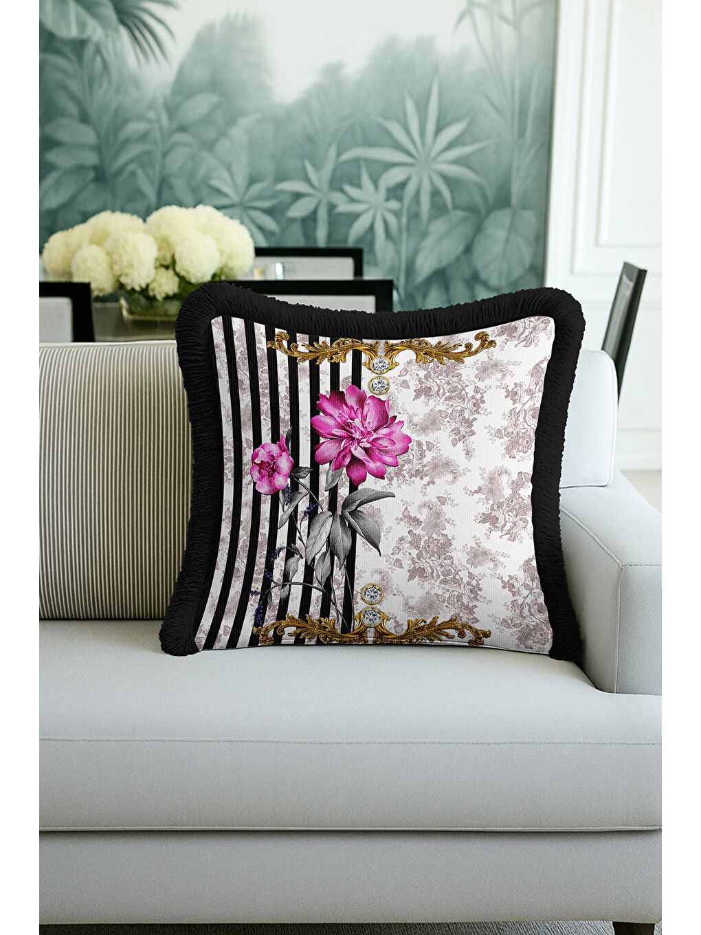 Karışık Barok Çiçekli Altın Renkli Saçaklı Yastık Kılıfı - Lüks Vintage Bohem Siyah Püsküllü Kırlent Kılıfı