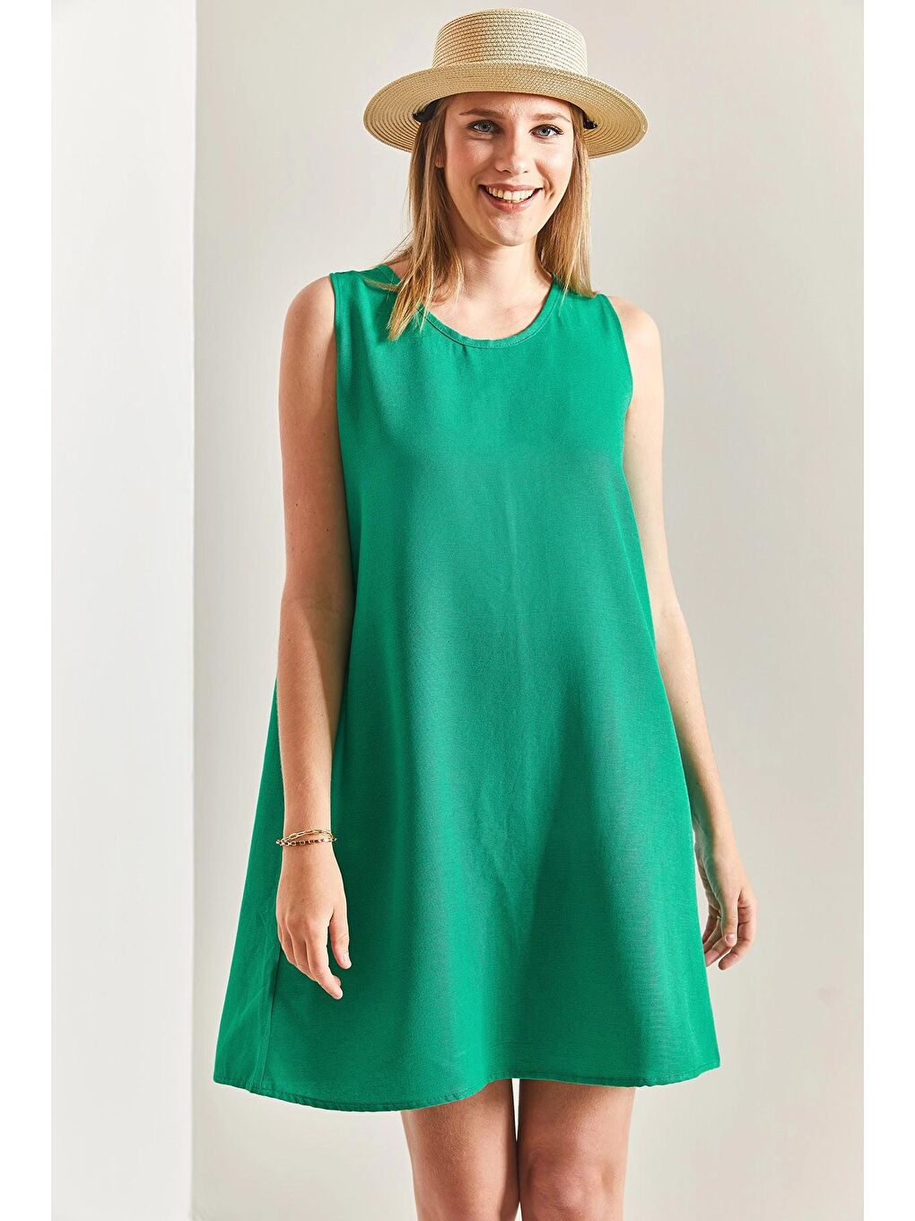 Yeşil Kadın Sırt Dekolteli Keten Elbise-4