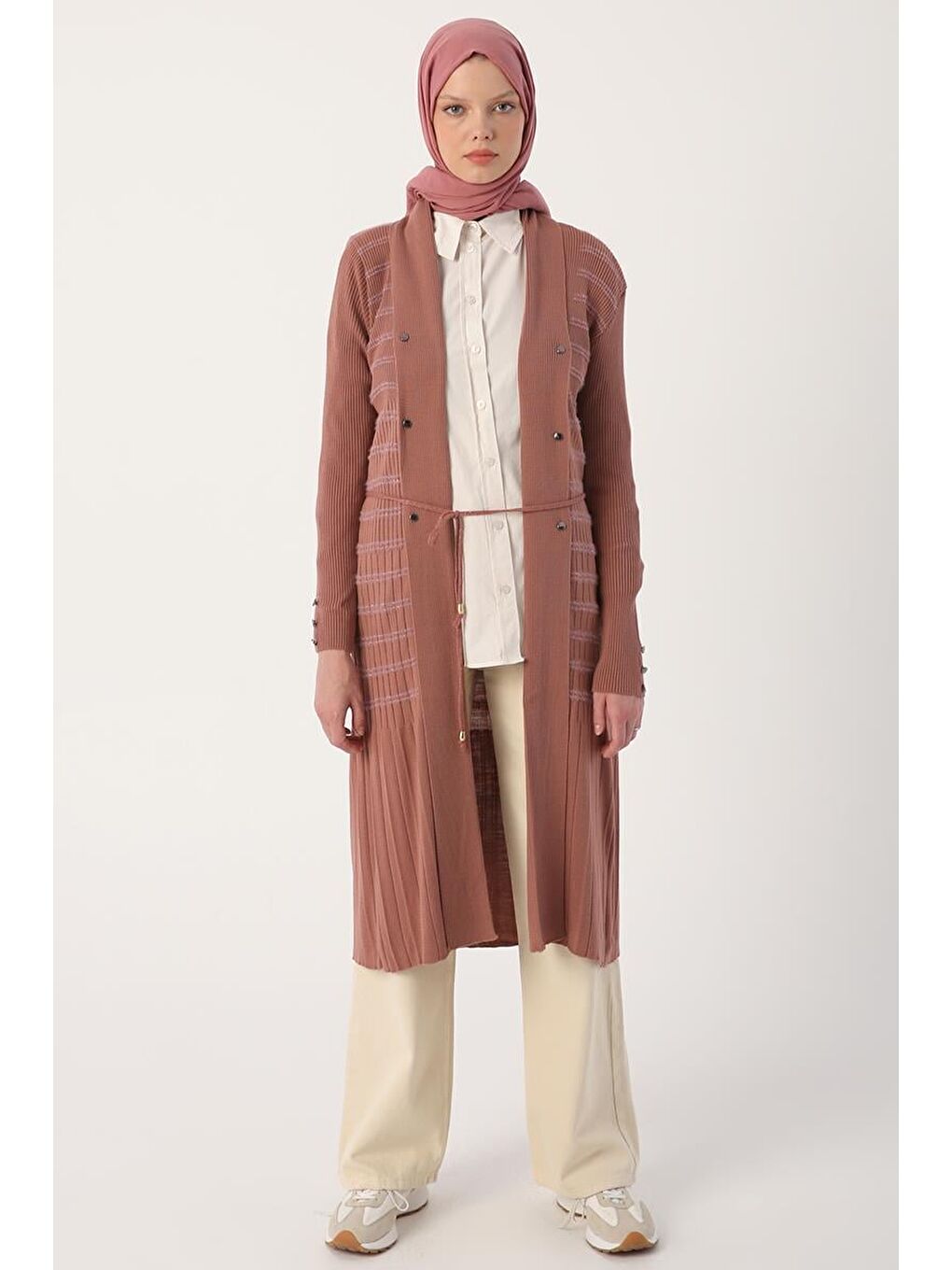 Pembe Gül Simli Çizgili Düğme Detaylı Triko Hırka-1